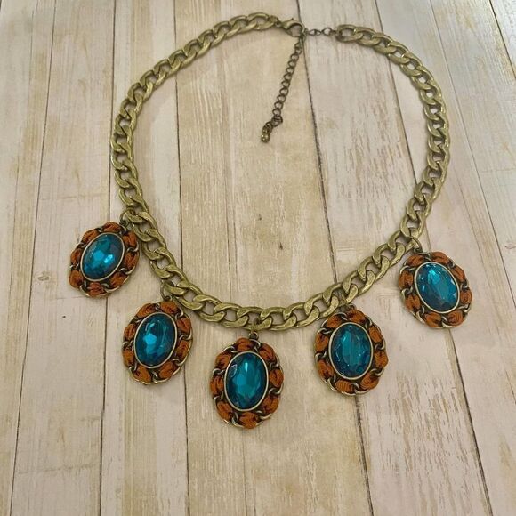 Vintage Chunky Chain Blue Crystal Statement Necklace - Picture 8 of 10